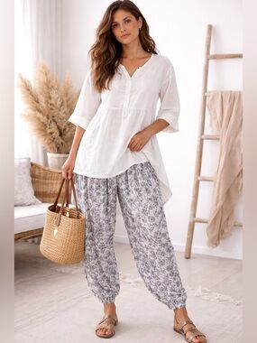 Boho Floral Harem Cotton Pants Pleated Drop Waist Patiala Style Gray Cream